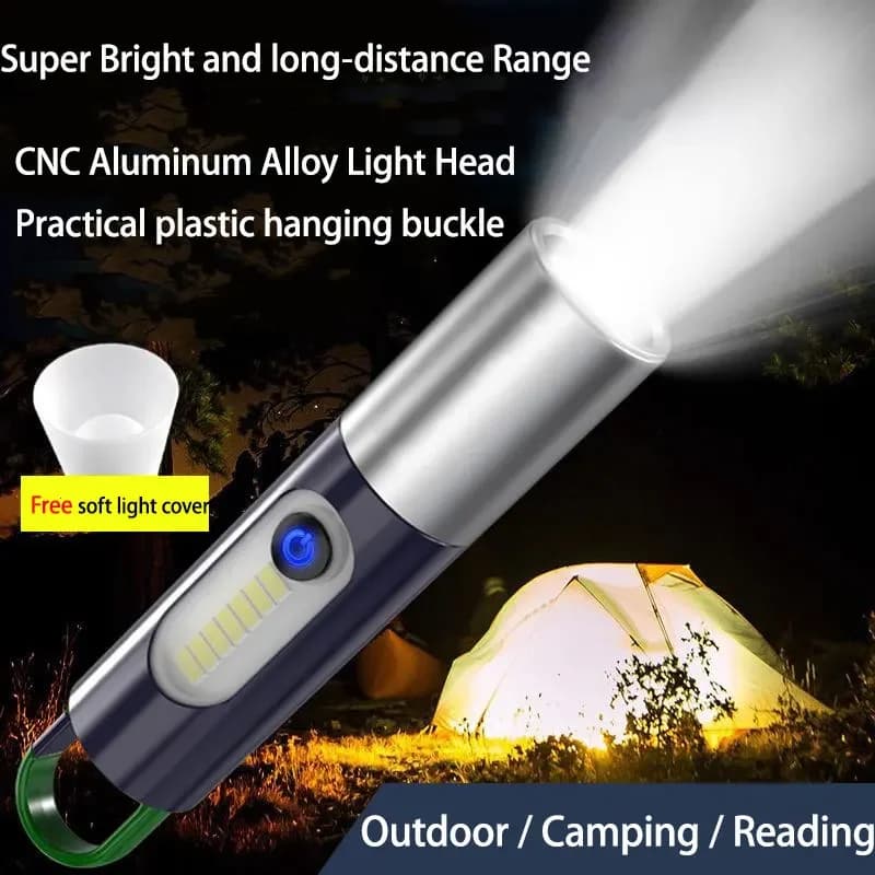 Torcia LED P50 con Zoom e Luce Laser Bianca, Ricaricabile USB, Lanterna Portatile per Campeggio con Gancio