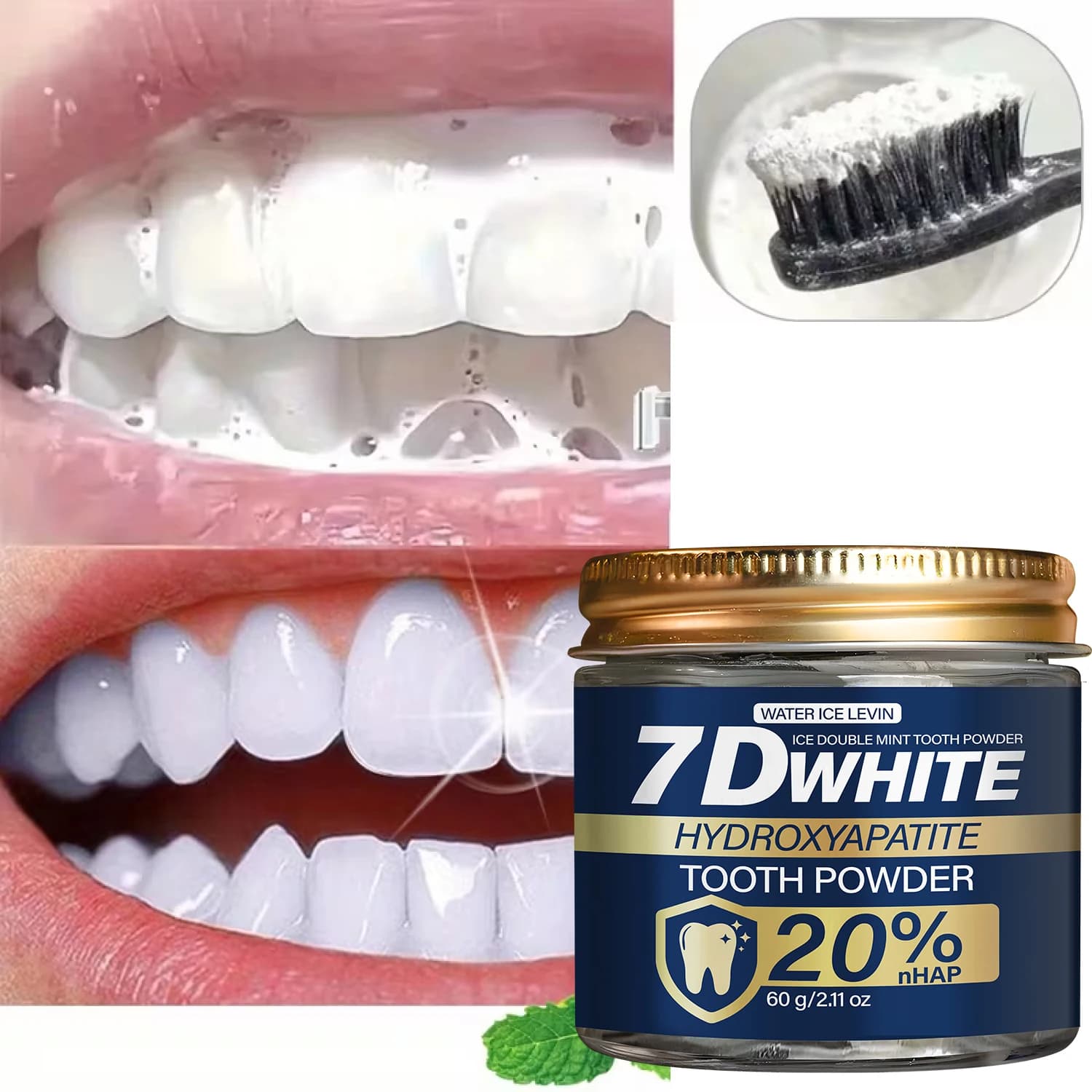 Polvere Dentifricia 7D all'Idrossiapatite Bianca | 20% nHAP | Pulisce in profondità i denti con carbone e menta per un alito fresco