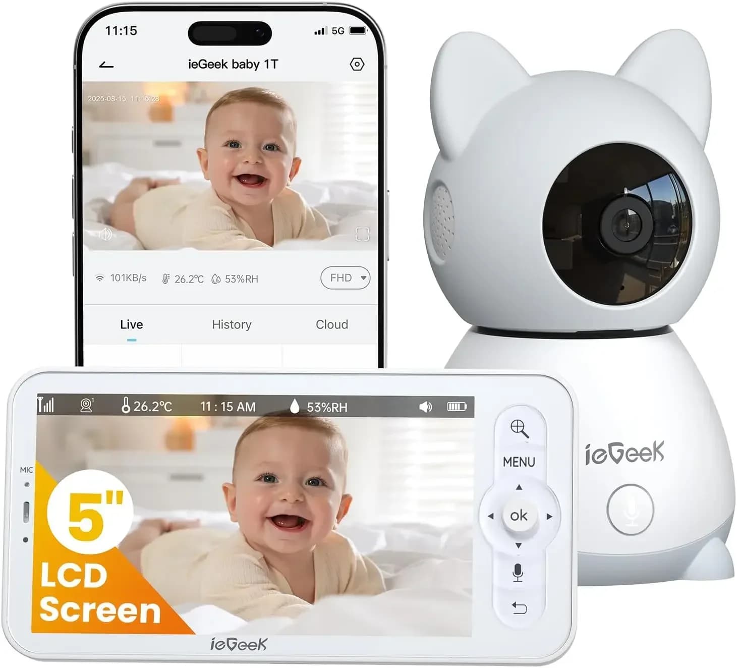 Baby Monitor with 5" HD Screen, 2K Camera & Night Vision – WiFi/No-WiFi Dual Mode, PTZ, Cry/Motion Detection, 2-Way Audio, Temp/