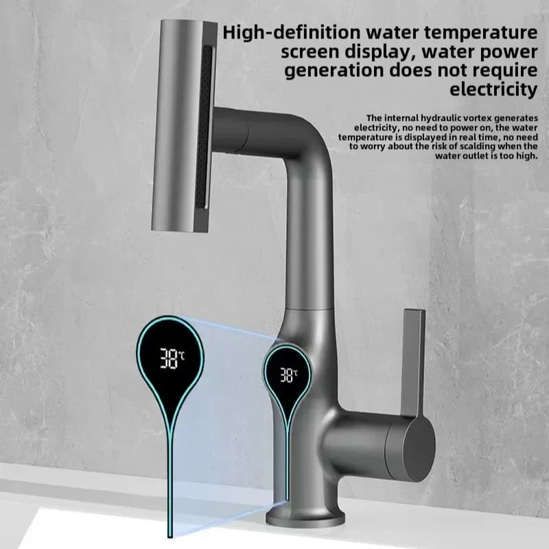 Rubinetto per lavabo con display digitale della temperatura a cascata, miscelatore per acqua calda e fredda con spruzzatore a getto regolabile in altezza per bagno