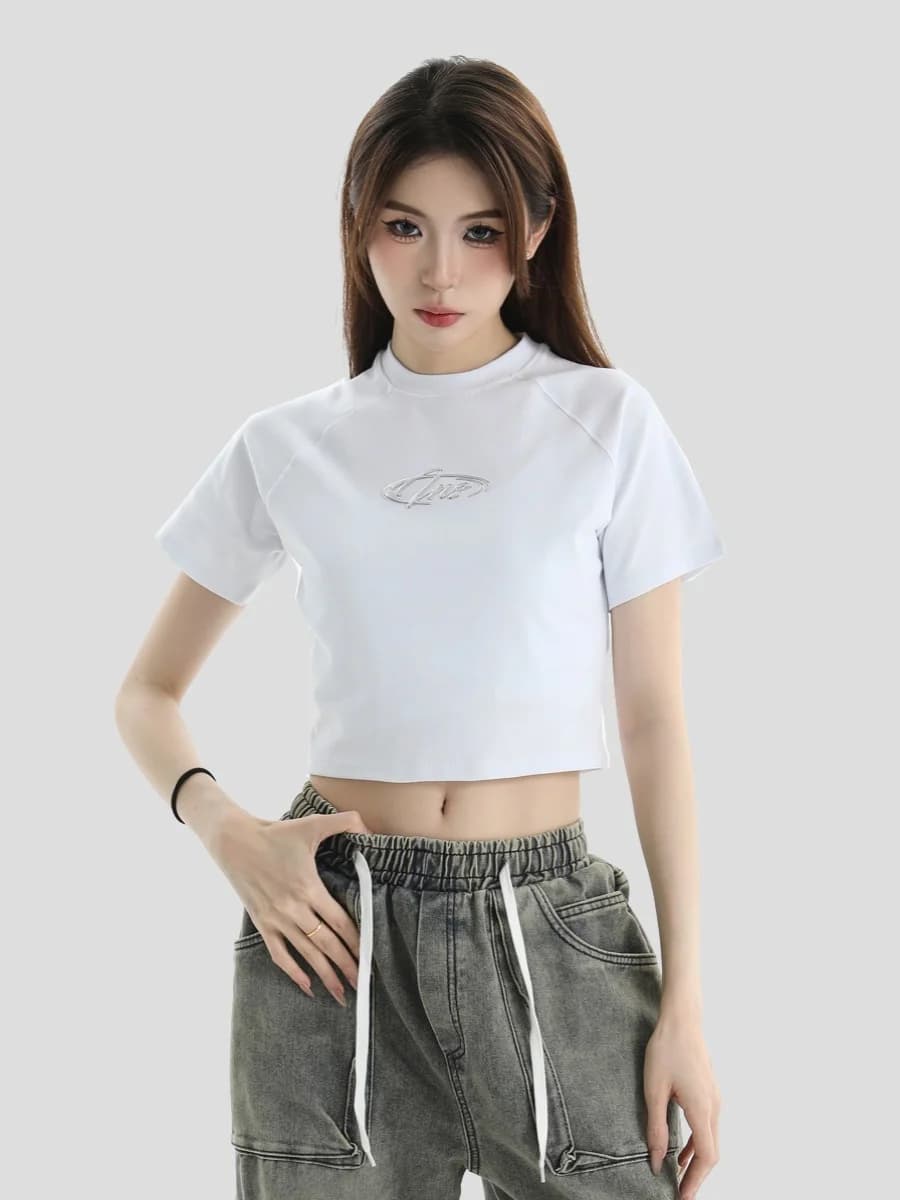 Insstudios American Liquid Metal Logo Short Sleeve T-Shirt Couple Tight Fit Short Style Breathable Cotton round Neck Tee