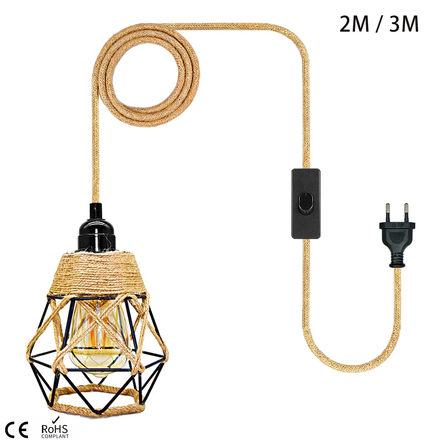 2M 3M Power Cable Suspension Lamp Hemp Corda Gabbie E26 E27 Portalampada Spina UE with Switch Edison Lampadina socket