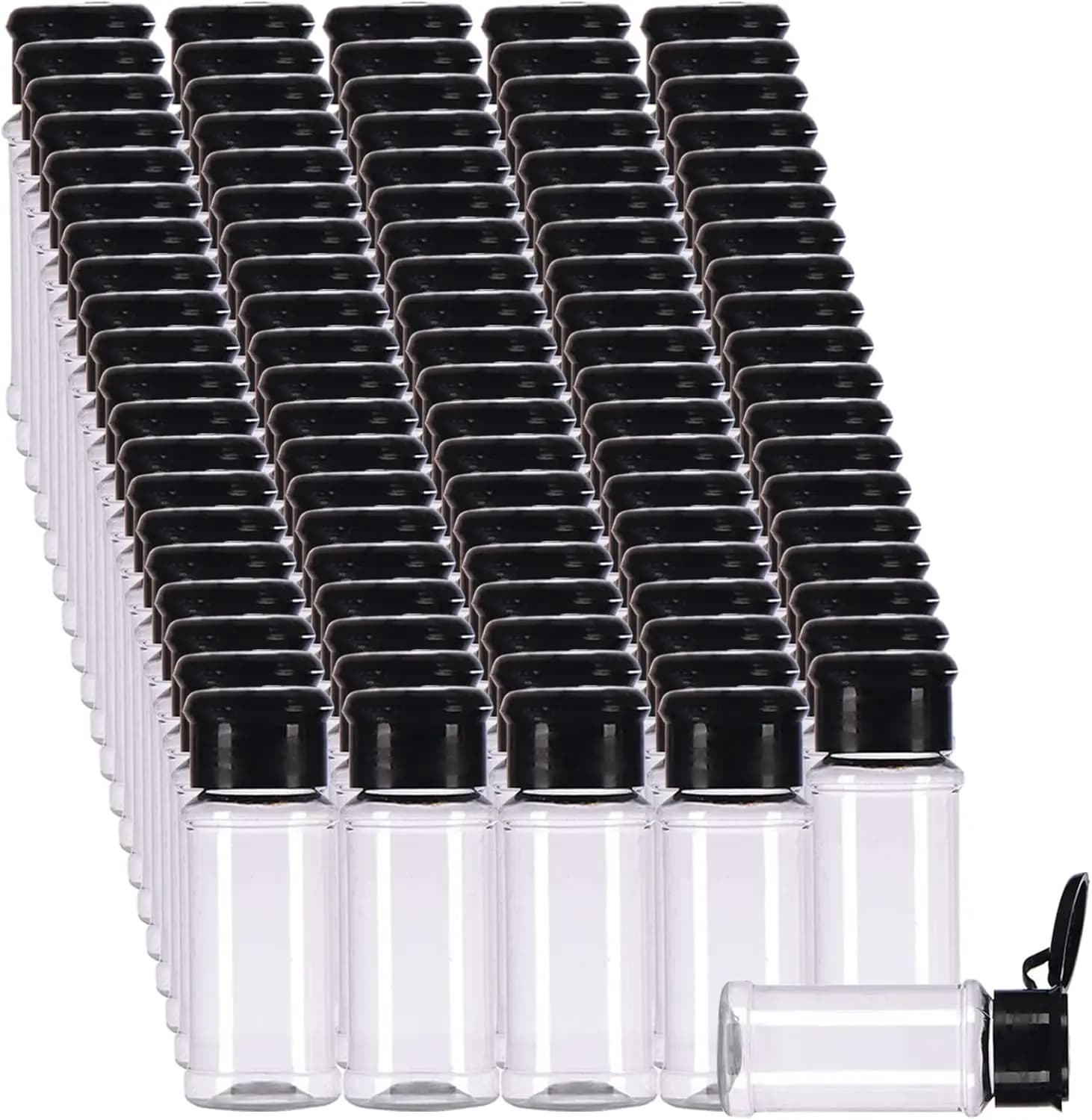 Set di bottiglie di spezie vuote in plastica da 100 pezzi per conservare condimenti sale pepe, 75 ml/2,5 once nere