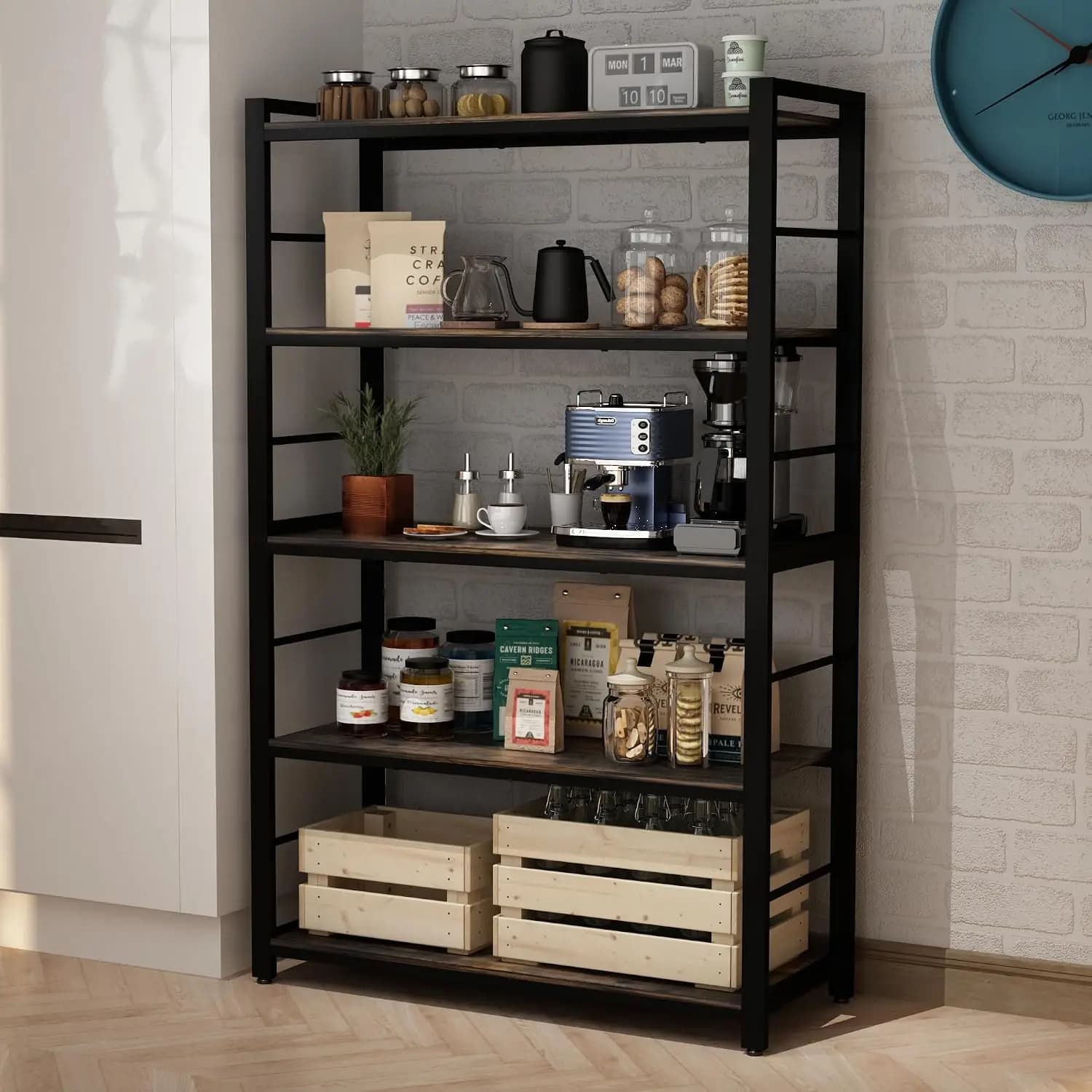 5 Tier Kitchen Bakers Rack Utility Storage Shelf Microwave Oven Stand With Shelves Multifunctional Organizer Rack With 5 Hooks For Kitchen Bathroom Living Room Storehouse Stable Heavy Duty Metal Frame Storage Organizer