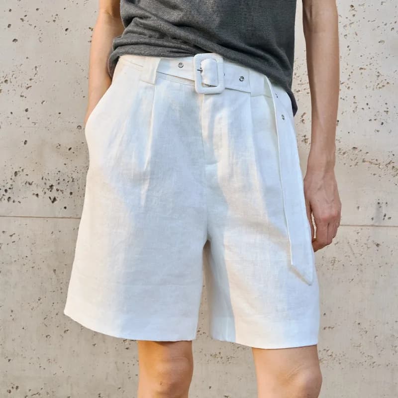 Premium 100% Linen Women's Shorts Chic Casual Loose Mid-Length Pants With Belt, Summer Retro Linen Office Ladies Shorts
