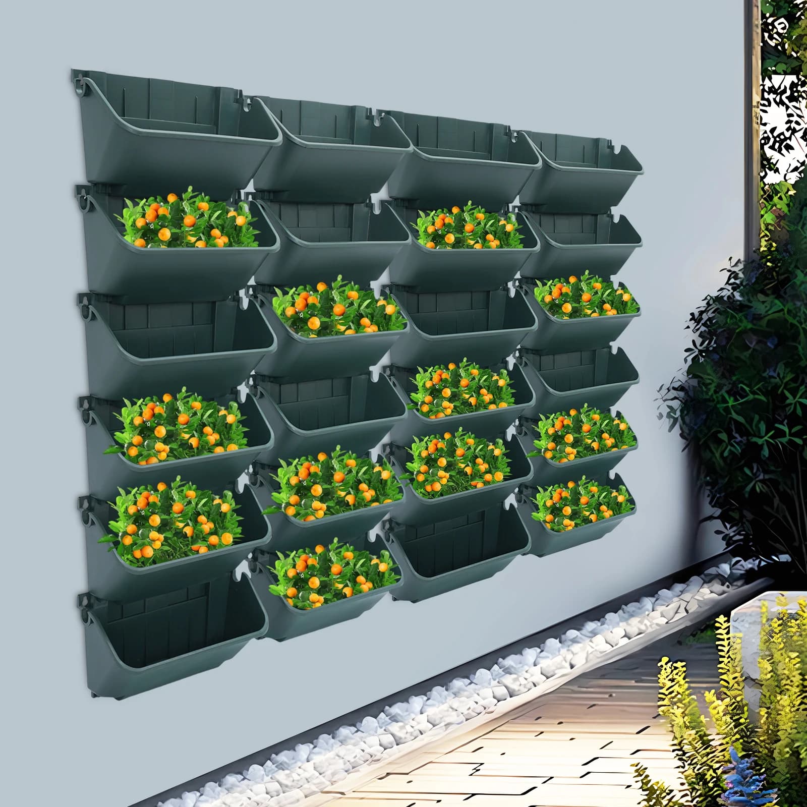 24Pcs Modern Army Green Vertical Garden Planter PP Wall Mounted Hanging Flower Pot Indoor Outdoor 3kg Load 300ml Water Storage