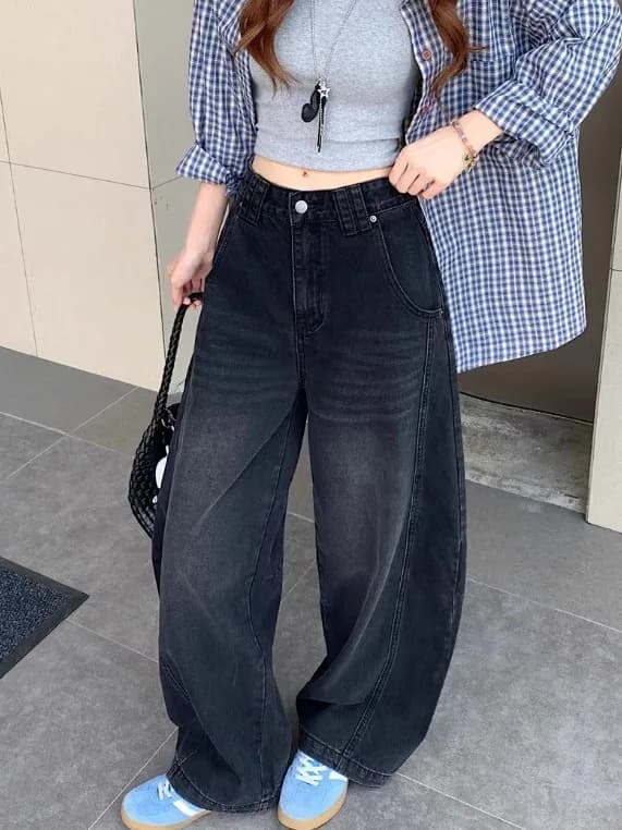 Retro Black Washed Denim Pants Women's Summer Versatile Loose Wide Leg Jeans High Waist Zipper Closure Commute Winter Season