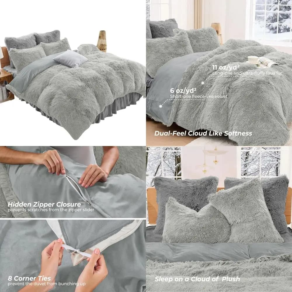 Luxurious king size duvet set in synthetic fur and light grey velvet, includes 1 lining and 2 pillowcases, without padding