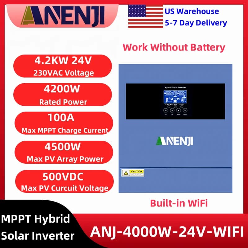 Inverter Solare Ibrido ANENJI 4KW 220v, Inverter Off-Grid 4.2KW 24v, Funzionante Senza Batteria, con Controllore di Carica Solare MPPT 100A Integrato