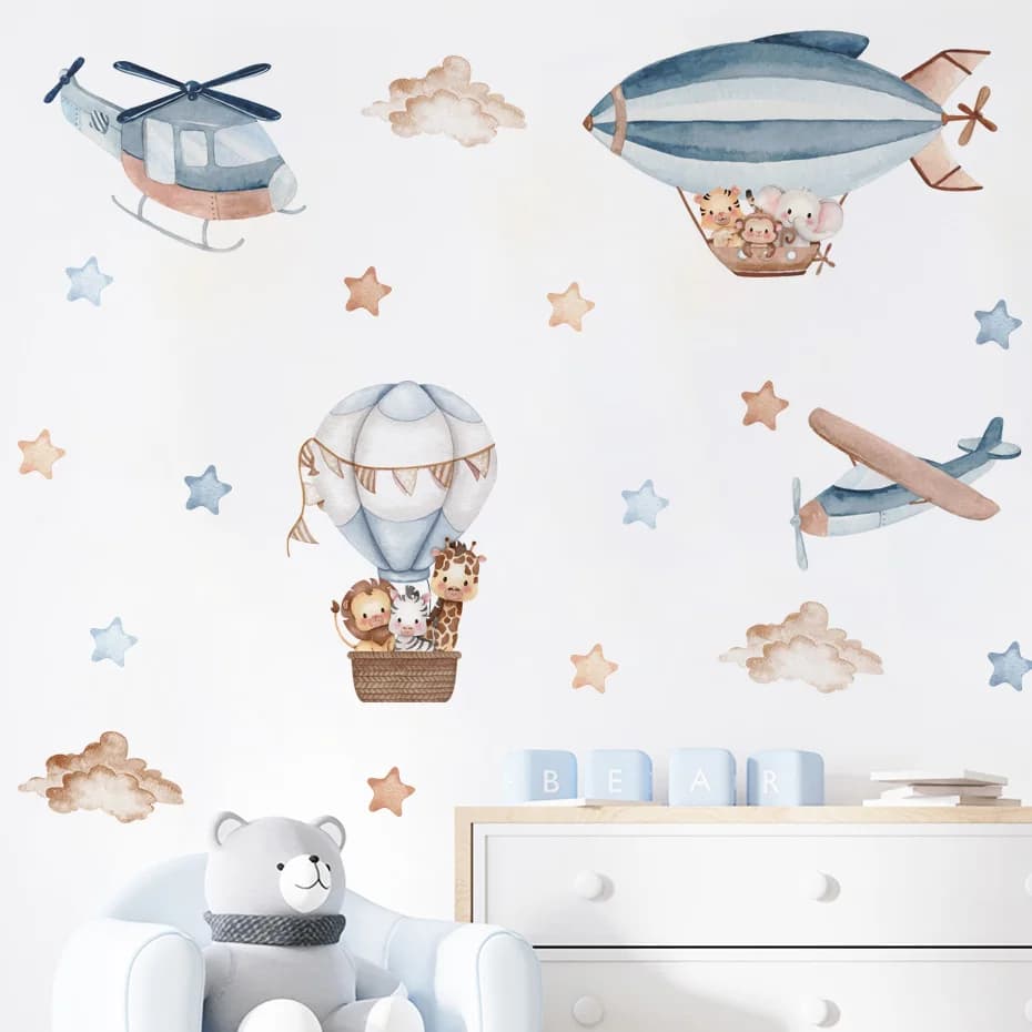 Watercolor Animals Hot Air Balloon Clouds Wall Stickers for Kids Room Baby Nursery Room Wall Decals Boy Room Stickers Wall Decal