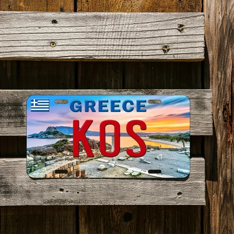 Stampa su Alluminio HD, Arte Murale Stile Targa con Tramonto e Ruine dell'Isola di Kos, Grecia, in Stile Vintage, Segno in Metallo ad Alta Definizione Resistente alla Piegatura