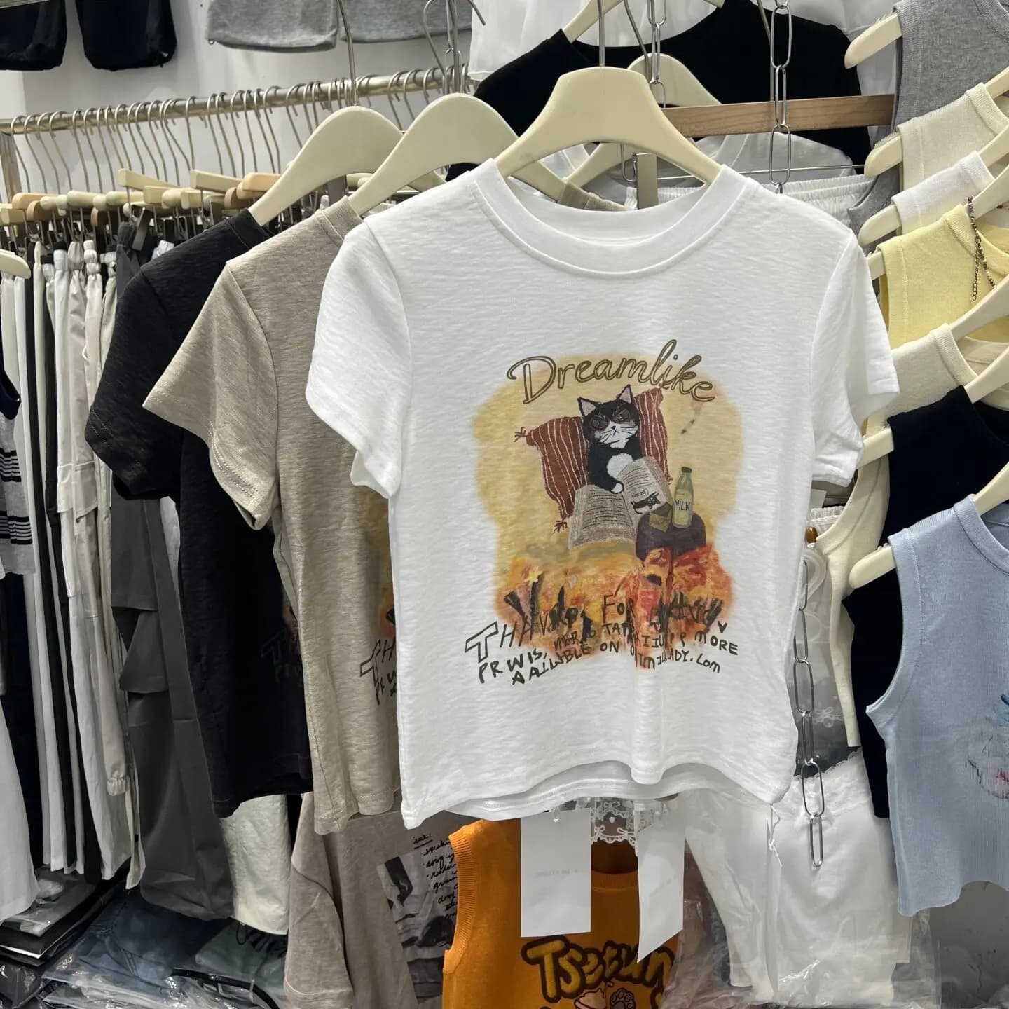 Retro American Short Sleeve T-Shirt Women's Summer Slim Fit Print Trendy Hot Girl Top Commute Style round Neck Short Length