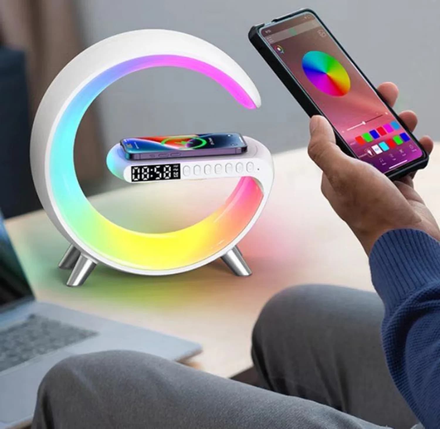 Lampada da comodino multifunzionale tre in uno con ricarica wireless, altoparlante Bluetooth, luce notturna RGB che cambia colore, compatibile con Apple e Android, delicata per gli occhi con luminosità regolabile.