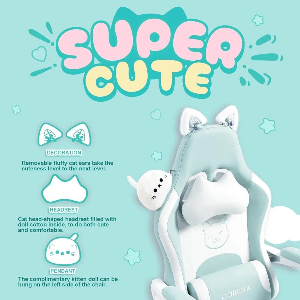 Sedia da gioco carina con orecchie di gatto e supporto lombare per massaggio, sedia ergonomica per computer per ragazza con poggiapiedi e poggiatesta