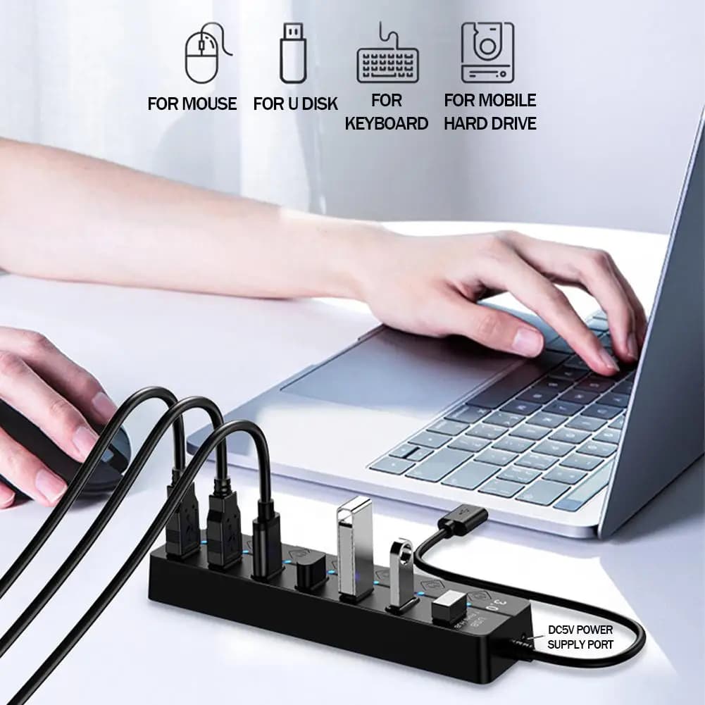 Hub USB 3.0, Hub USB 2.0, Splitter USB Multiplo, Cavo Lungo 30cm, Espansore Multiplo per Computer, Laptop, PC, Accessori, Adattatore USB