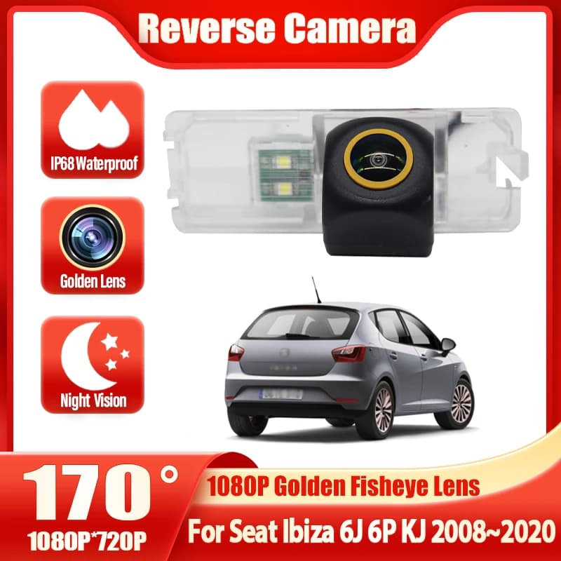 FishEye Telecamera per retromarcia per veicolo per Seat Ibiza 6J 6P KJ 2008 ~ 2017 2018 2019 2020 HD Visione notturna 1080P Telecamera per retromarcia dorata