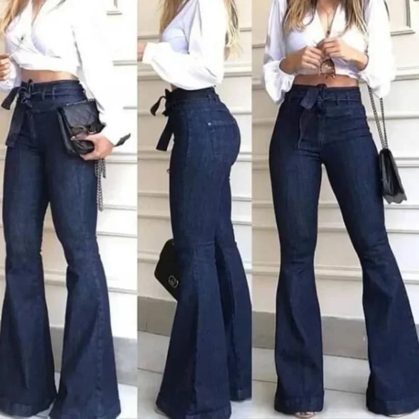 Jeans da donna Pantaloni svasati in denim Tinta unita Vita alta Cerniera Tasche piatte Streetwear Bottone patchwork sottile Cintura leggera elasticizzata