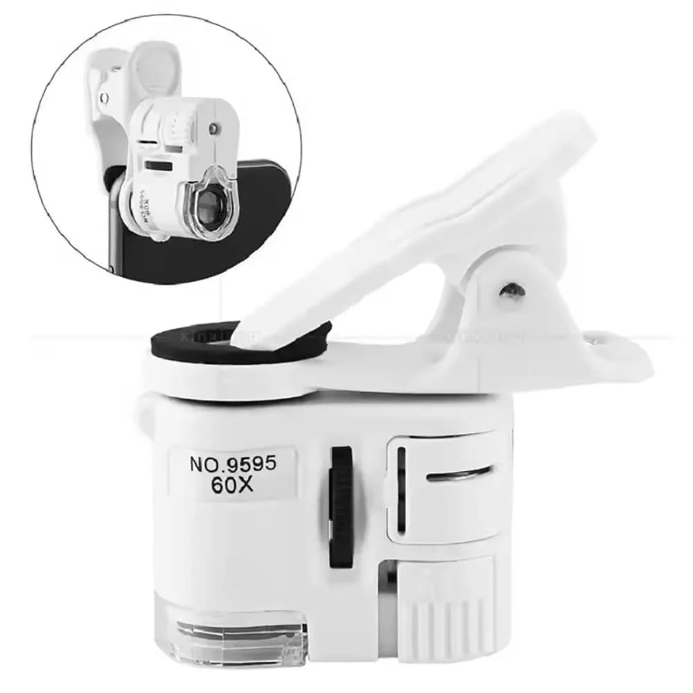 Microscopio con clip 60X, gioielli a LED, microscopio tascabile regolabile con messa a fuoco dell'ingrandimento con clip per cellulare, luce UV