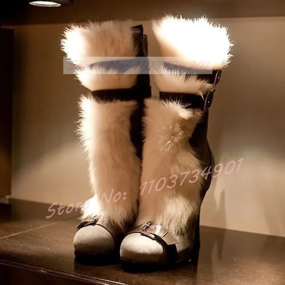 Stivali con zeppa con fibbia per cintura in pelliccia bianca Stivali da donna con punta tonda Tacchi alti Stivaletti caldi Stivaletti alla moda per feste invernali femminili