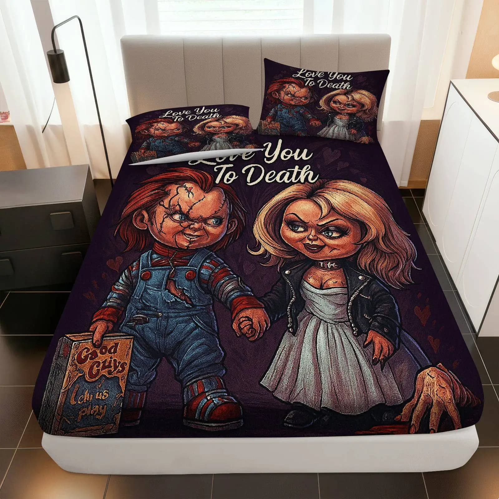 3-Piece Halloween Horror Couple's Bed Sheet Set (1 Fitted Sheet + 2 Pillowcases, No Core), Halloween Theme, Horror Bedding, Soft and Breathable Mattress Protector