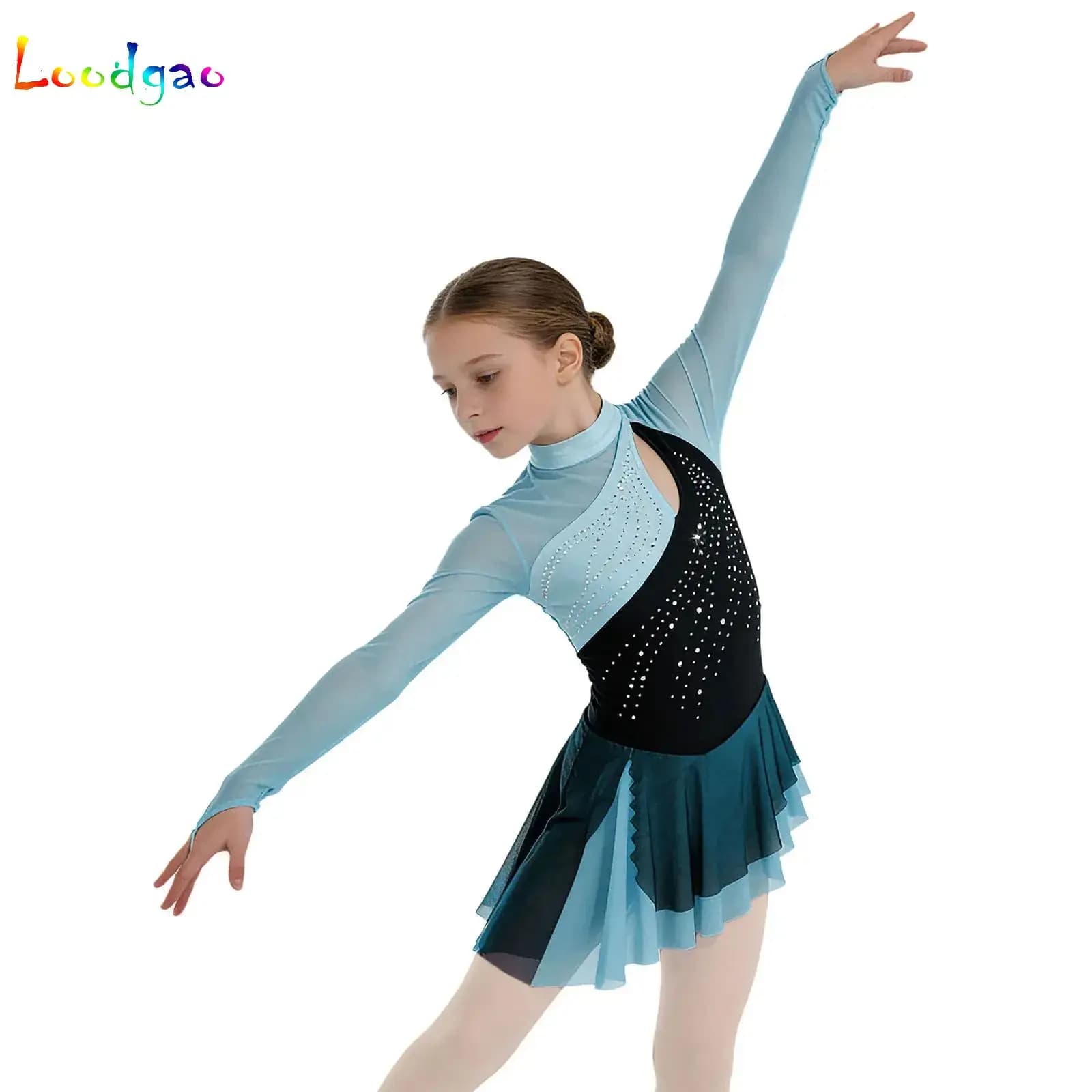 Girls Ballet Dance Dress with Built-in Briefs Figure Skating Performance Costume Mesh Overlay Asymmetrical Skirted Leotard Tutu