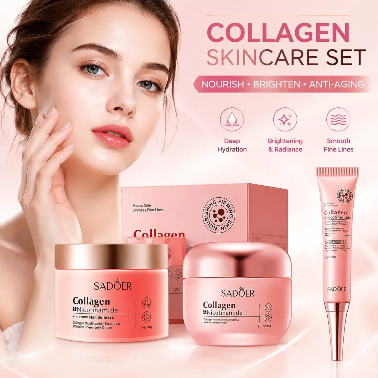 Collagen Jelly Cream+Eye Cream + Sleeping Mask Essence Brightening Lifting Firming Korean Cosmetics Skin Care for Women Face Gel