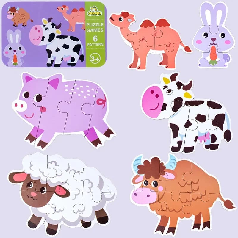 Bambini Cartoon Animal Traffic Dinosaur Matching Pairs Puzzle in legno con scatola di ferro per giocattolo educativo per bambini dell'asilo
