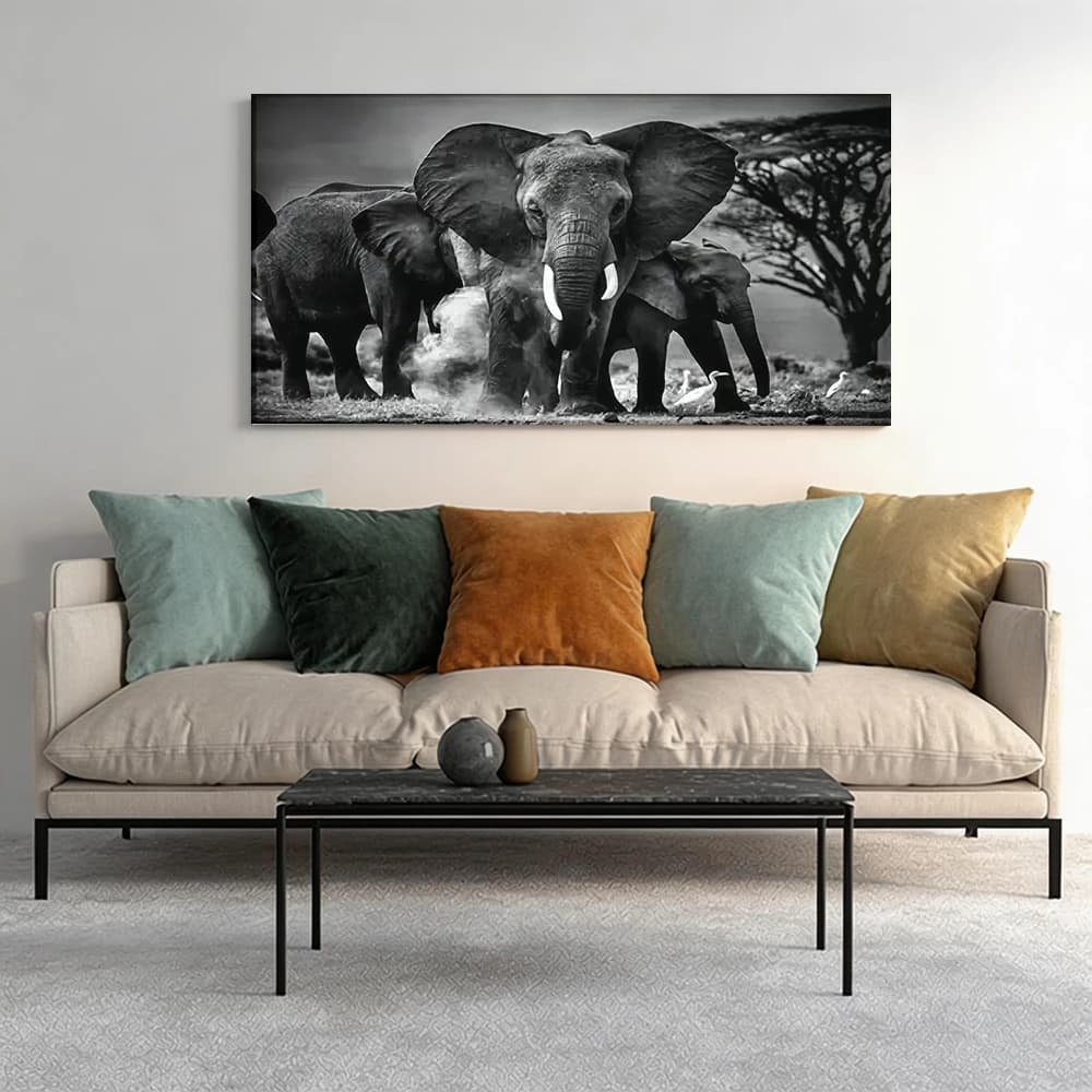 Decorative painting on canvas with 3 pieces wooden frame. Magnificent elephants, African savanna. Hall decoration.