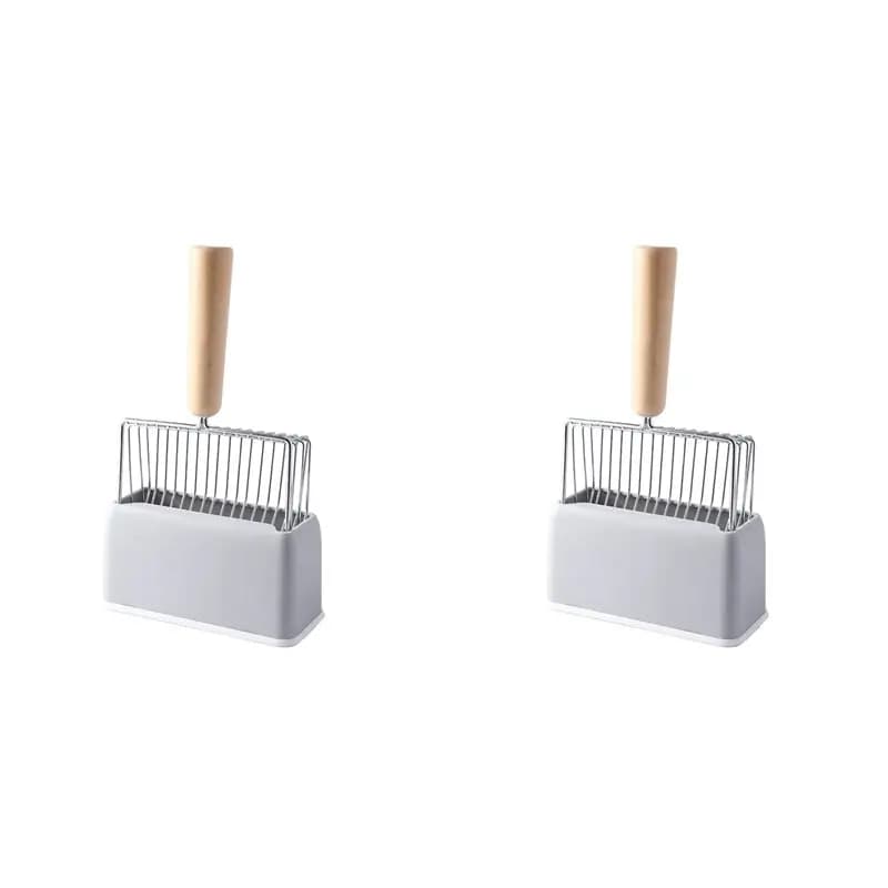 ABZL 2X Metal Cats Litter Scoop With Holder Stand, Heavy Duty And Easy Clean Grey