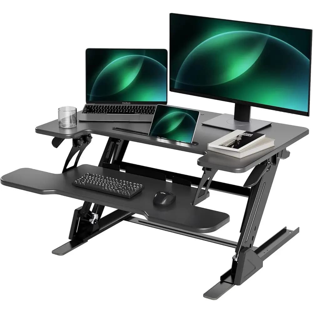 Supporto per Scrivania Regolabile in Altezza da 32 Pollici per Postazioni Sit-Stand, Supporto per Doppio Monitor con Vassoio per Tastiera, Nero