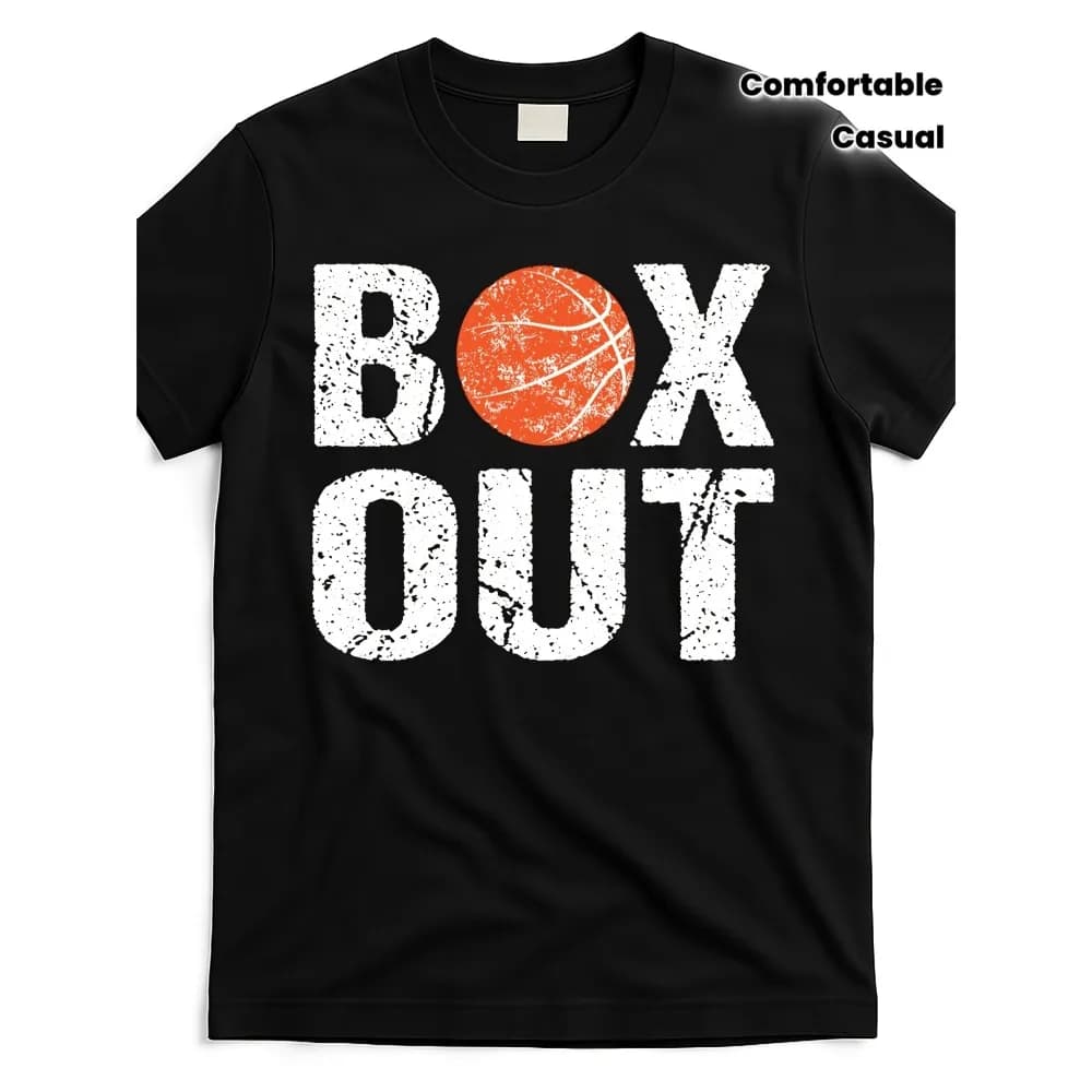 T-Shirt Vintage da Allenatore di Basket per Uomo - Grafica "Box Out", Nera con Design Rosso e Bianco, Comoda Maglietta in Cotone con Collo Rotondo