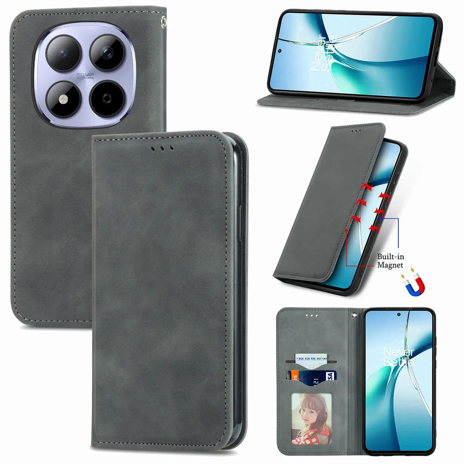 Custodia a Libro in Pelle con Chiusura Magnetica per Xiaomi Redmi Note 15 Pro Plus 14, Porta Carte, Compatibile 5G 4G, Cover Liscia a Portafoglio