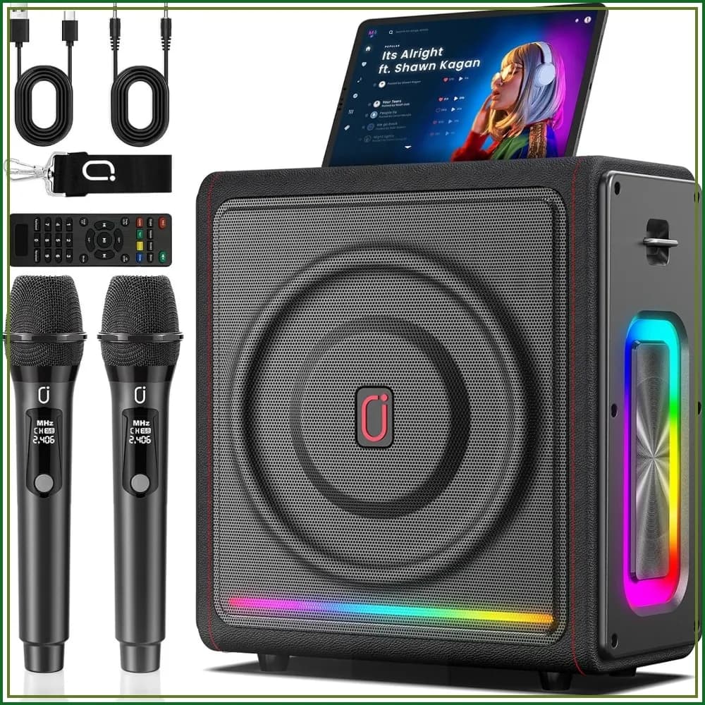 Portable Bluetooth 5.3 Karaoke Machine with 2 Wireless Mics, Bass/Treble/Echo Adjustment, PA System, Supports TV/TF/USB/AUX/TWS