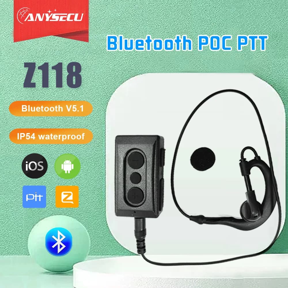ANYSECU Z118 Switch PTT wireless per Zello POC Radio W8Pro Funziona con telefoni Android o iOS con auricolare con tubo d'aria