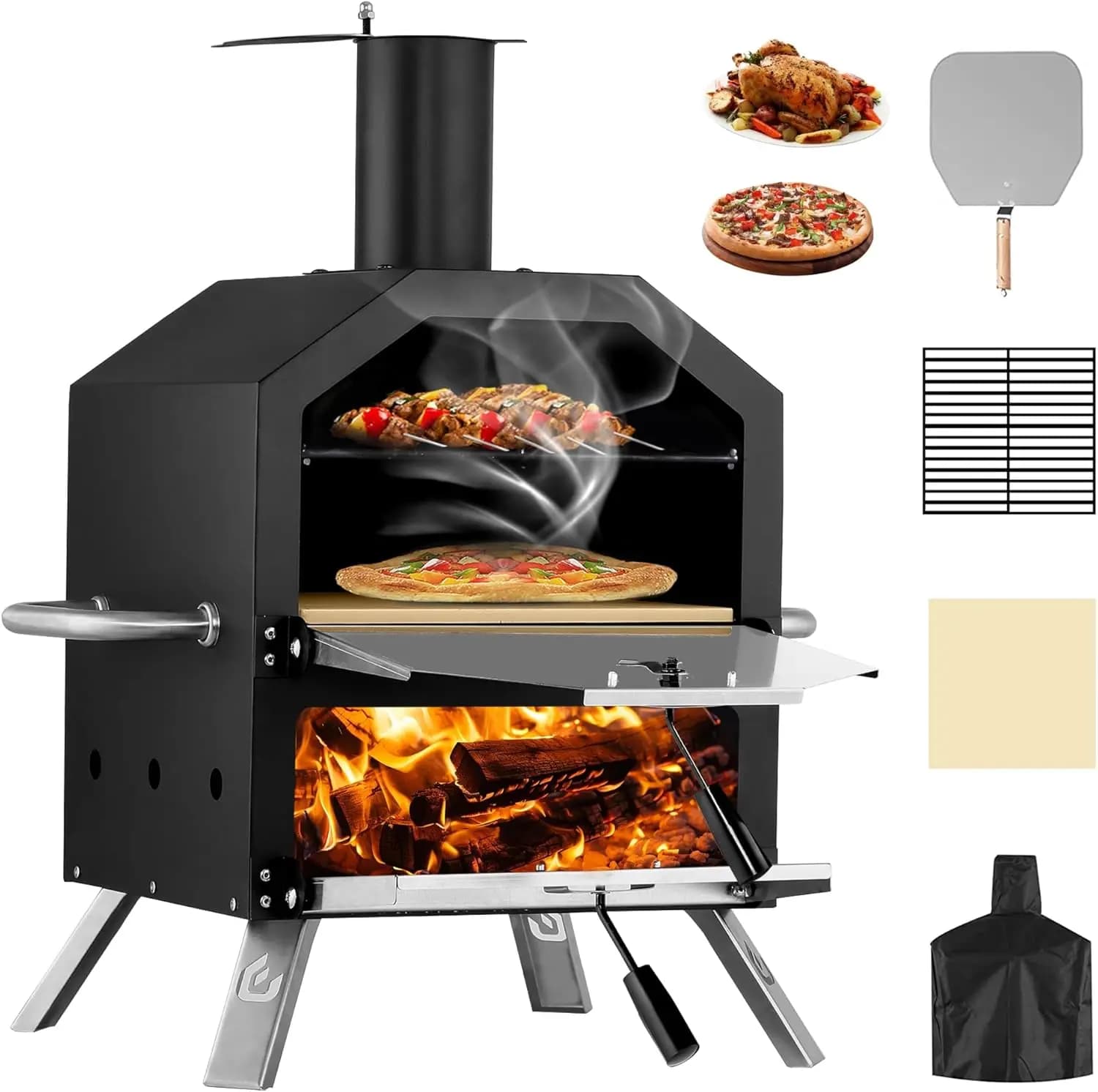 Forno per Pizza a Legna da Esterno a 2 Livelli con Pietra Refrattaria, Supporto per Pala, Copertura Impermeabile, Gambe Pieghevoli per Campeggio, BBQ, Regali, 26 Pollici