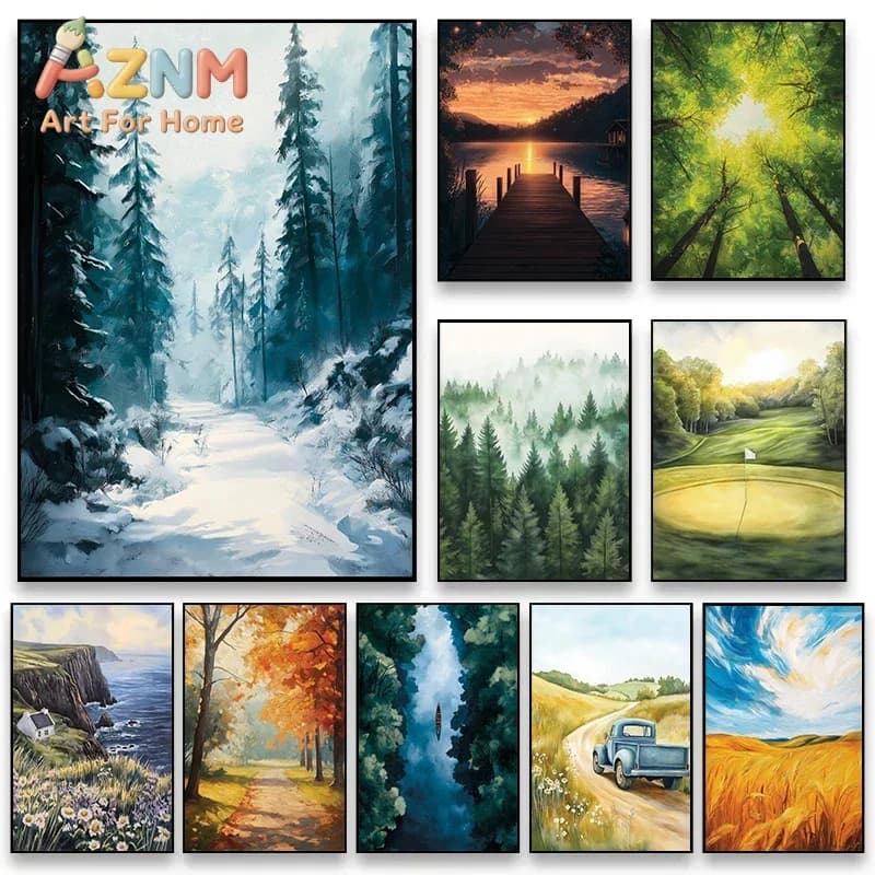 Four Seasons Landscape Farm Garden Tranquil River Canoe Mountain Peak Poster Canvas Paintings Paint Wall Pictures Home Decor