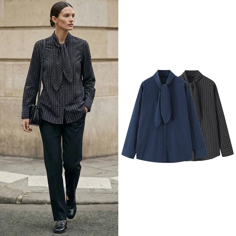 Willshela Moda donna con fiocco scozzese camicetta monopetto colletto sciarpa vintage maniche lunghe camicie da donna chic femminili