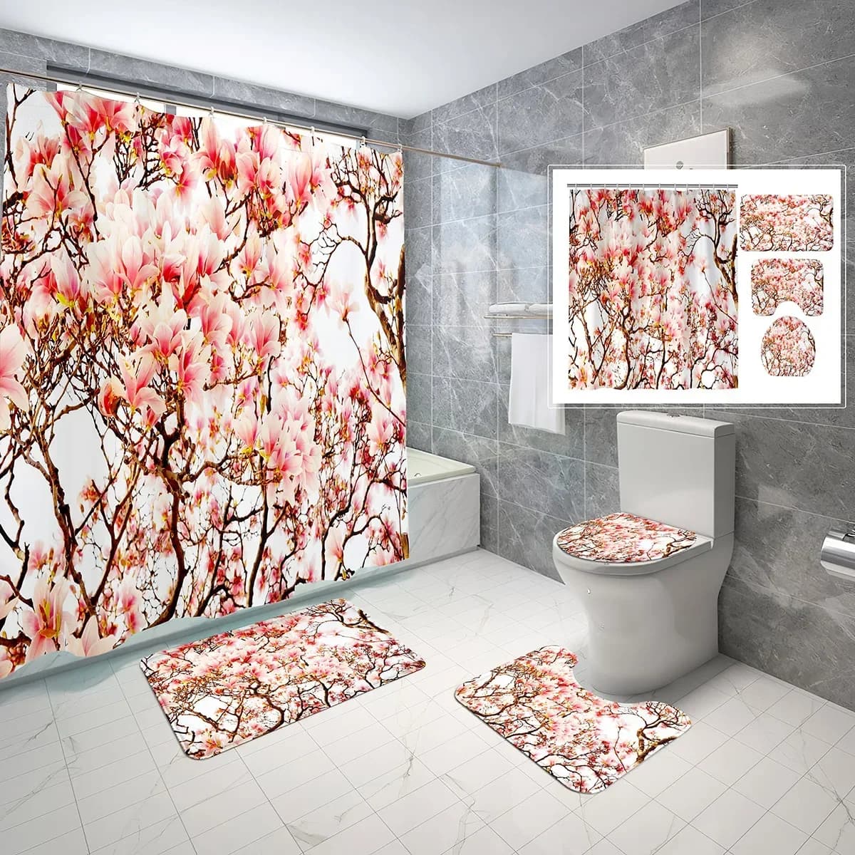 Set di tende da doccia Magnolia da 4 pezzi Set di petali di fiori rosa primaverili naturali Tappetino da bagno antiscivolo Copriwater Set di tende da doccia impermeabili