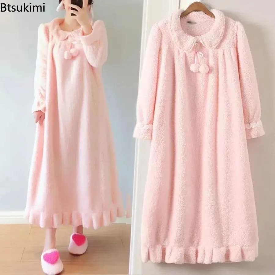 2026 Camicia da notte in flanella spessa da donna Autunno e inverno Caldo tinta unita a maniche lunghe in pizzo Indumenti da notte Nuova camicia da notte da ragazza dolce