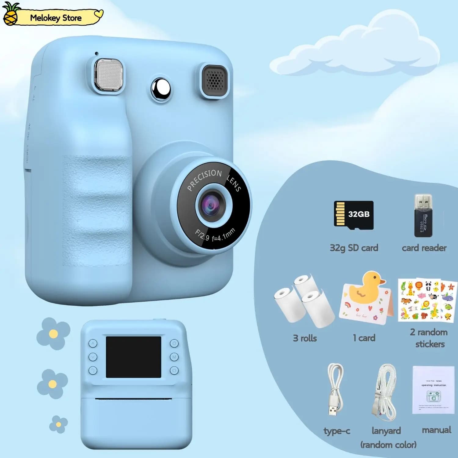 Cute blue children's photo printer with game Mini digital camera for kids with instant print 4-12 years Kids gifts for girls and boys