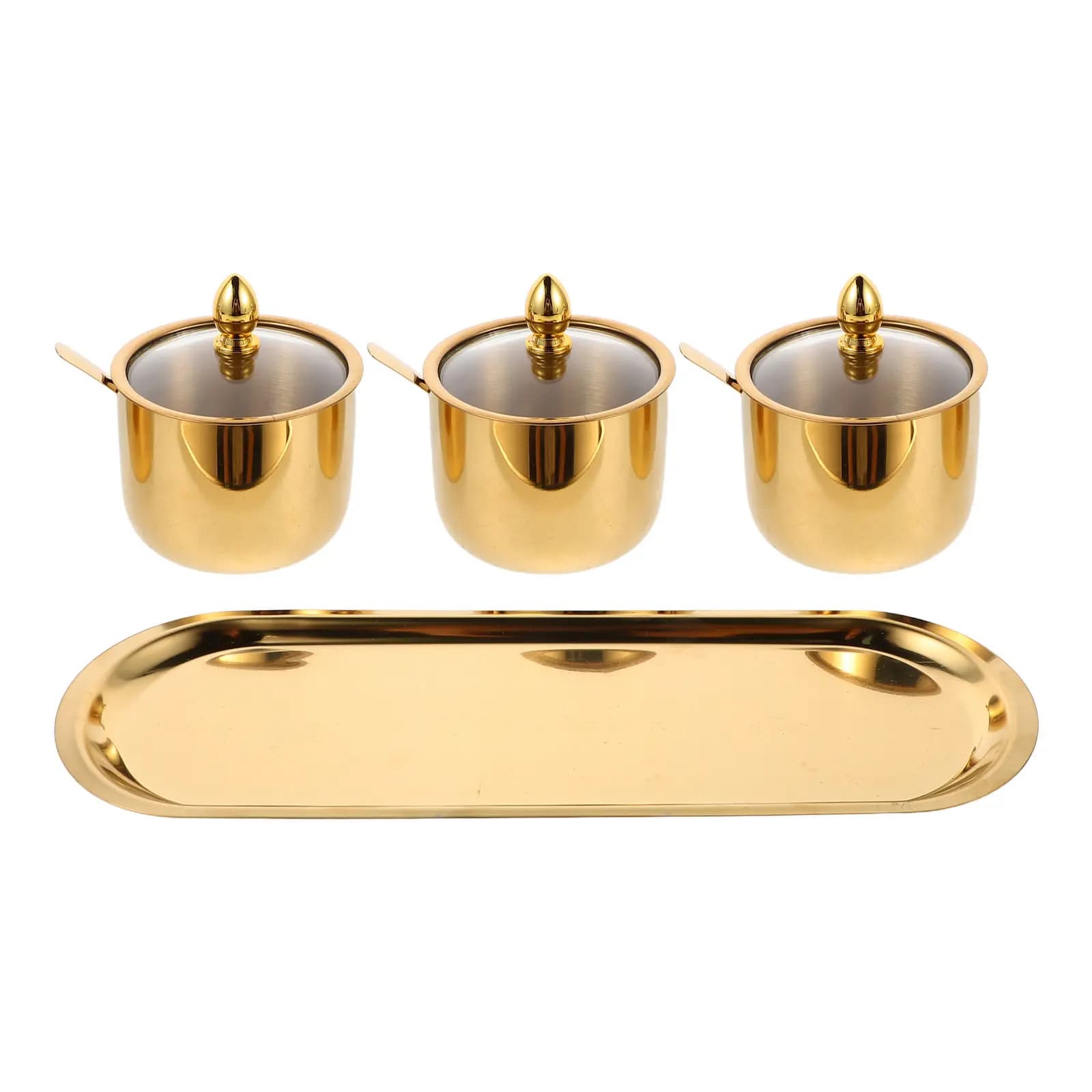 1Set Elegant Metal Sugar Salt Spice Bowl Set 3 Stainless Steel Jars Glass Lid Spoon Countertop Organizer Modern Powder Storage