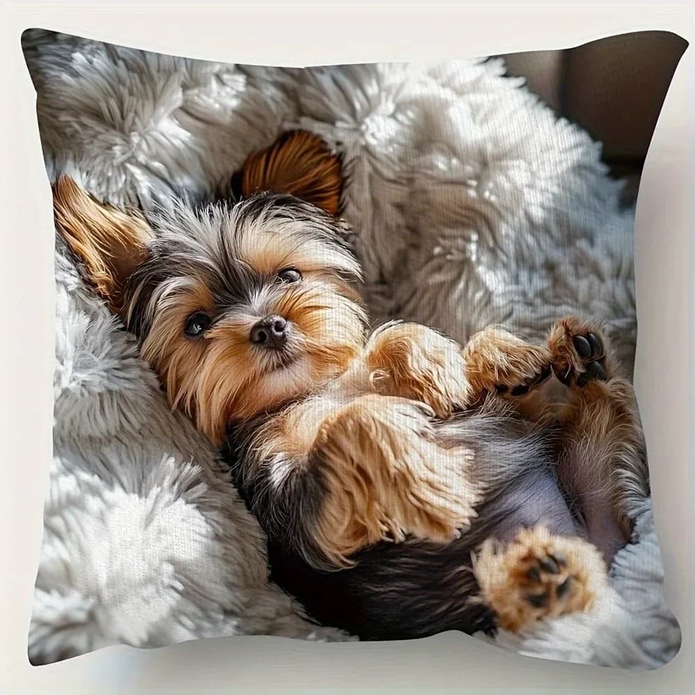 Simpatica federa stampata con cucciolo di Yorkie per una comoda fodera per cuscino del divano, decorazione del dormitorio della stanza di casa, stampa 2D