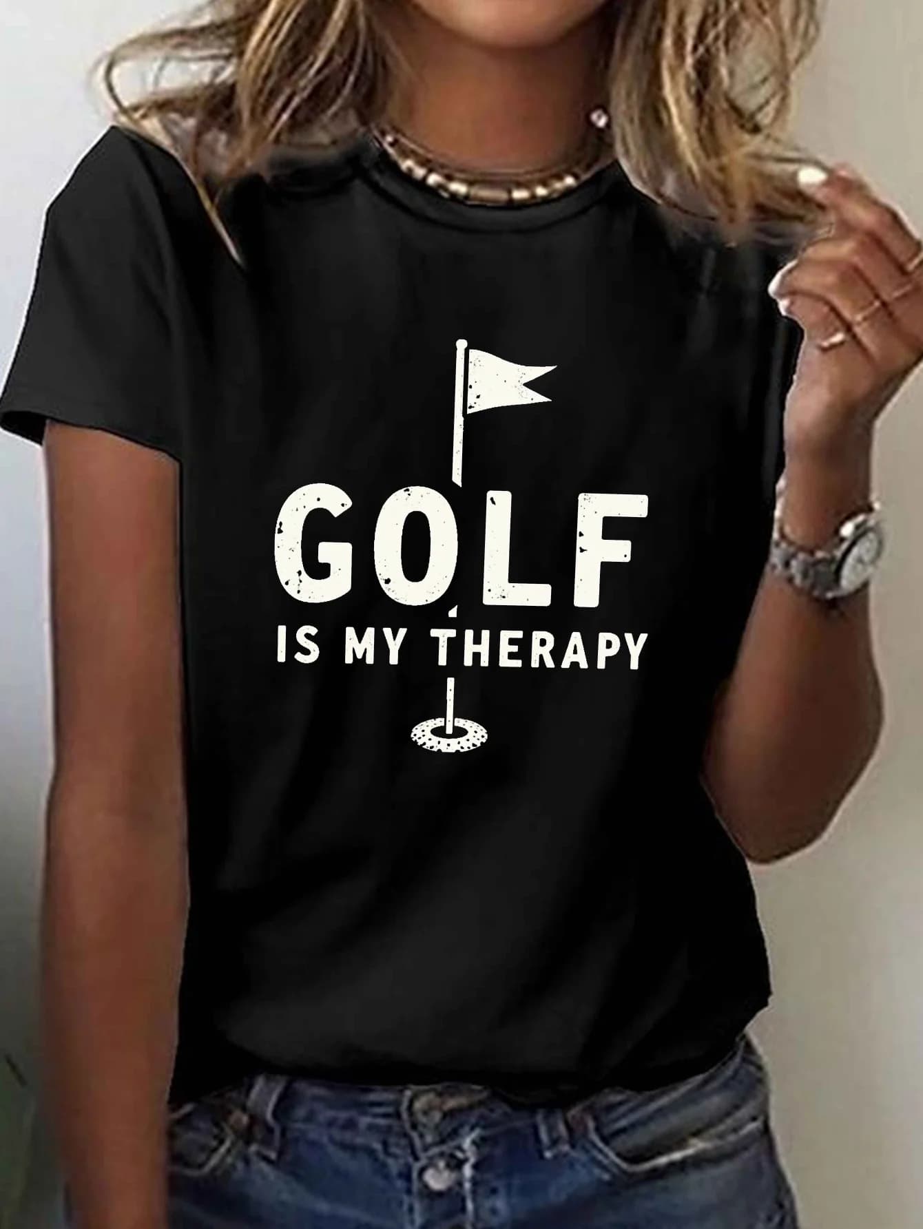 T-shirt da donna a tema golf "Golf Is My Therapy" - Top girocollo casual, motivo geometrico, tutte le stagioni