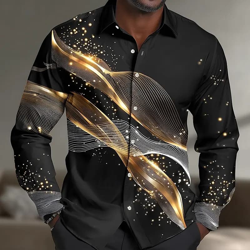 Camicia da uomo con onde sfumate geometriche Camicia con bottoni Camicia casual a maniche lunghe Moda Streetwear Camicia estiva con colletto con stampa 3D
