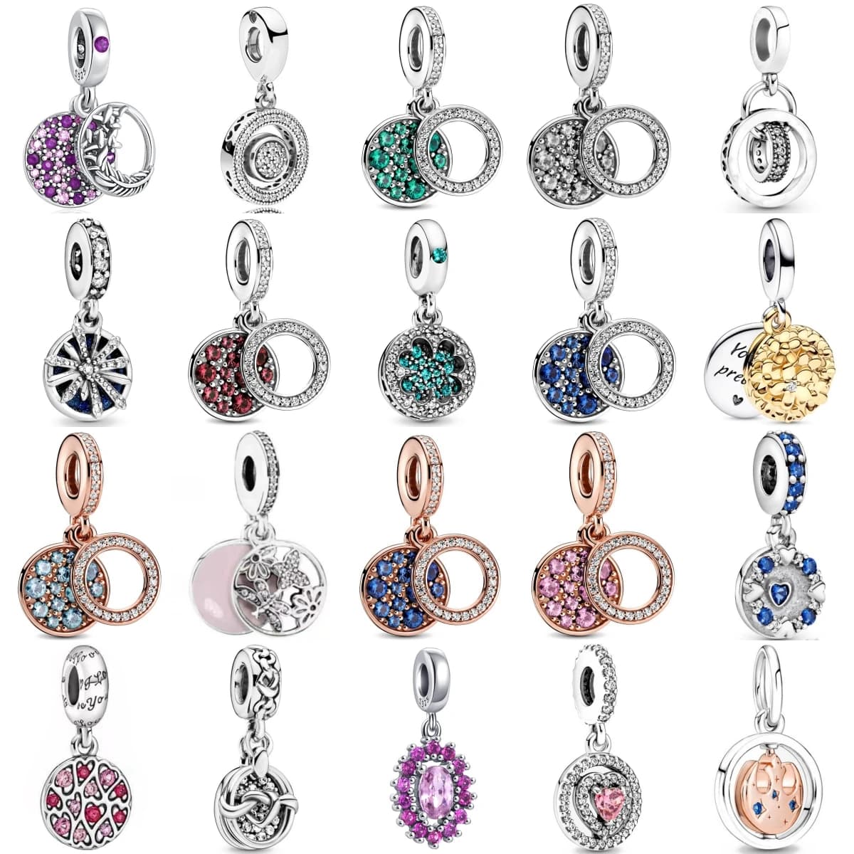 Bellissimo nuovo ciondolo a doppio anello in argento sterling 925 con bigiotteria, adatto per braccialetti originali, accessori, gioielli da donna