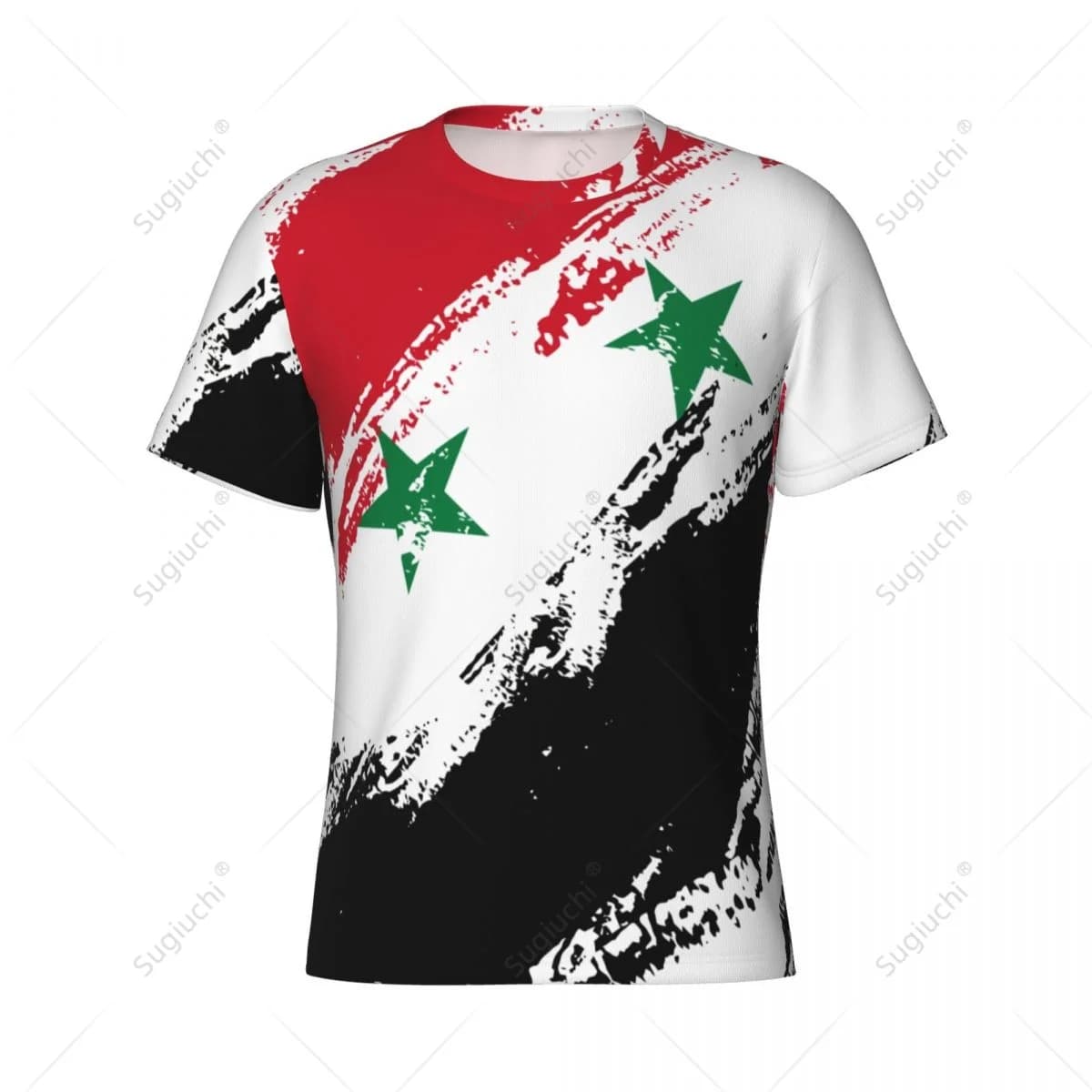 Maglietta sportiva attillata da uomo e da donna con nome personalizzato e colori della bandiera della Siria per tifosi di calcio.