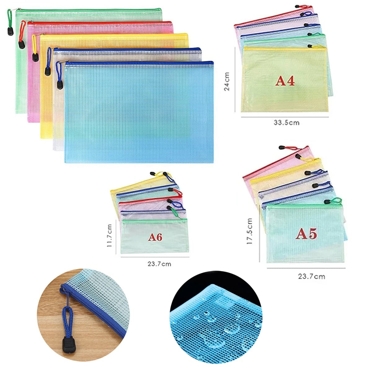 5 pezzi di cartelle portaoggetti A4/A5/A6, buste a rete con cerniera per documenti, cartelle con zip, forniture per scuola e ufficio