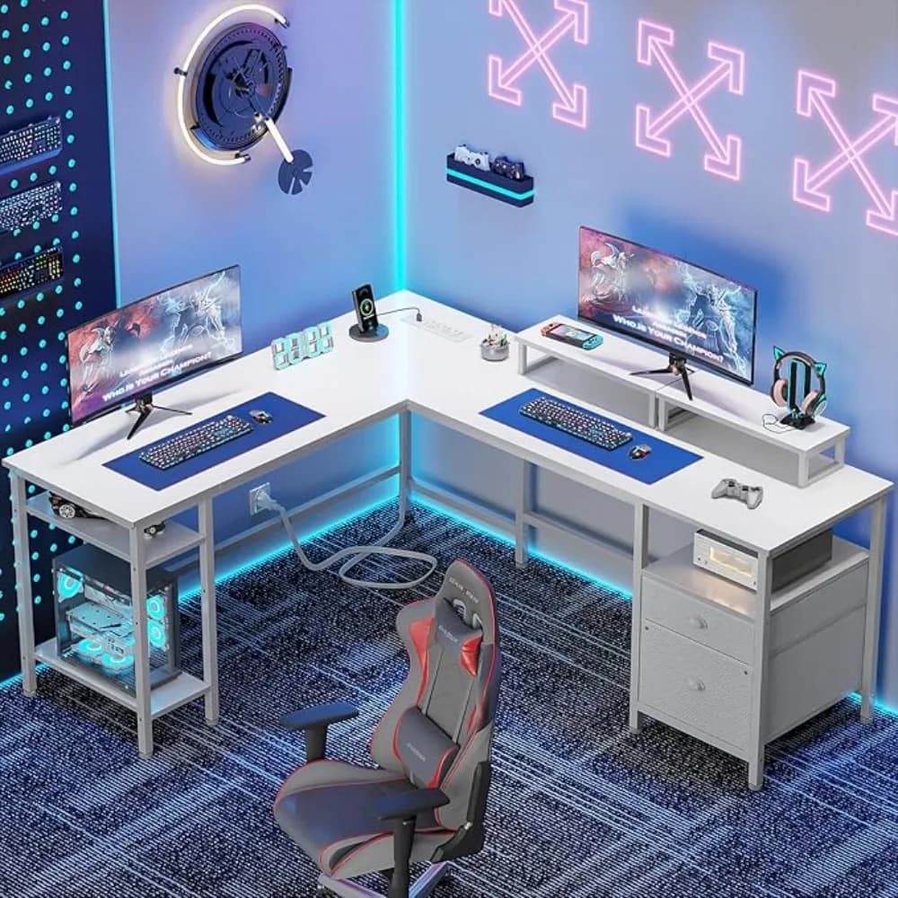 White 59” L Shaped Desk with Power Outlet, Reversible Computer Desk with ile Der & 2 Monitor Stands, Home Oice Table with Storag