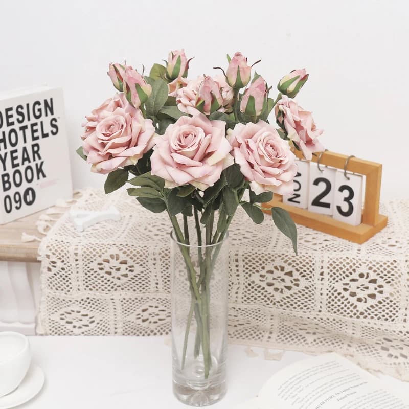 Artificial Flowers Beautiful Pink Rose Branch Retro Home Vase Decoration Wedding Fake Plant Garland Party Background Arrangement