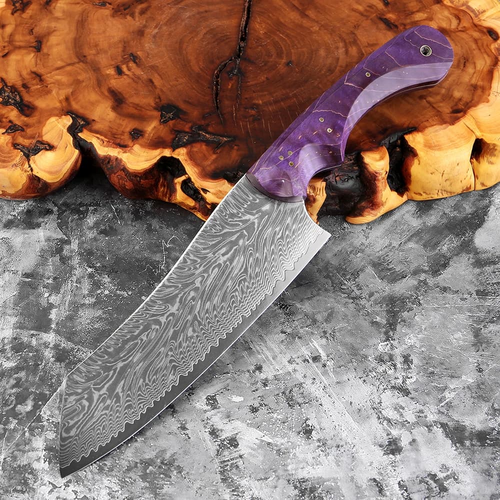 Japanese Santoku knife in Damascus steel 7 Inches, Professional Kitchen knife for Meat and Vegetables with Hergonomic Handle in Purple Wood